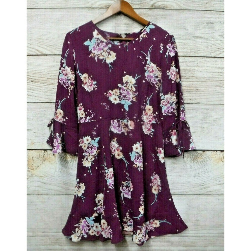 Timing Dress Jr Womens Size Large Purple Floral Tie Back Semi Sheer Dress New